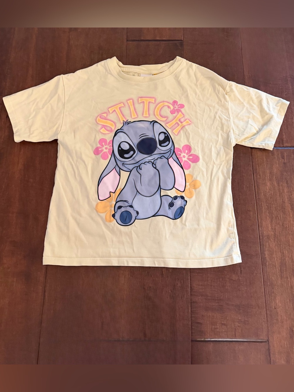 Zara Disney Yellow Tee with Stitch Graphic and Pink Accents